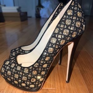 Giuseppe Zanotti Black/Gold Fabric and Glitter Sharon Peep Toe Pumps Size 37